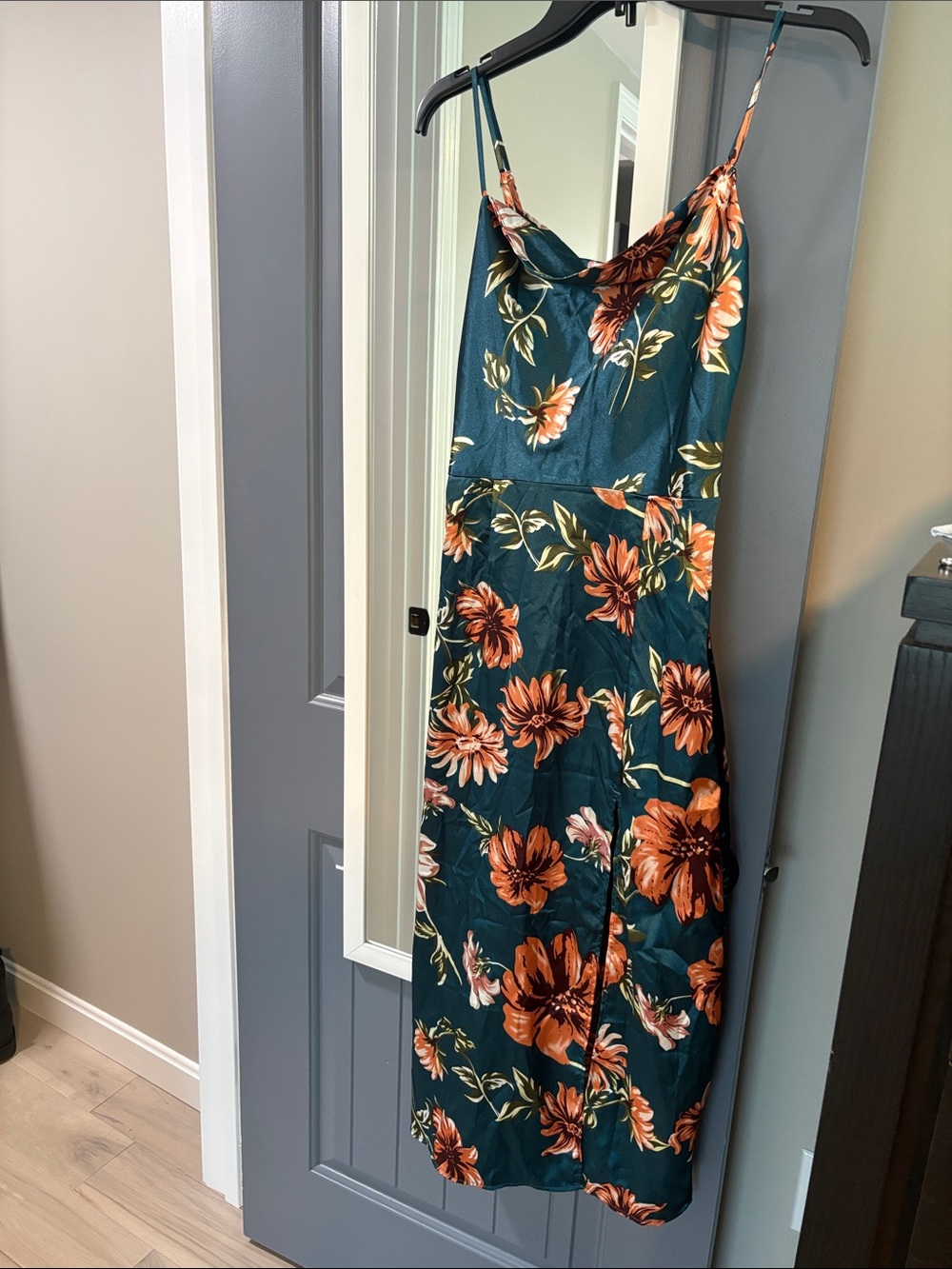 SHEIN Teal Floral Slip Midi Dress with Orange Blooms